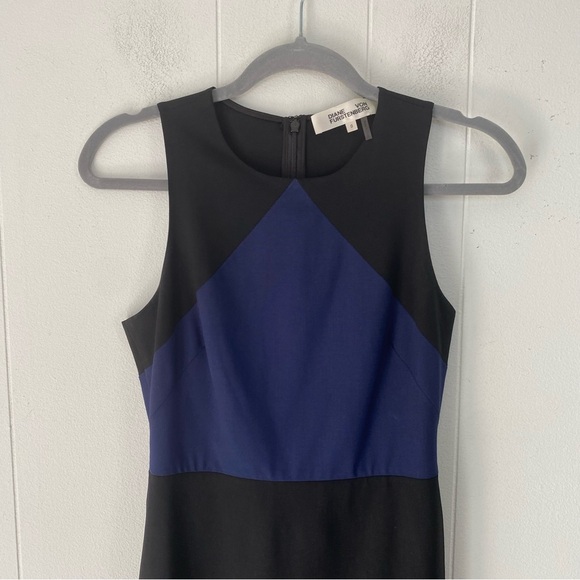 Diane von Furstenberg DVF Midi Dress Women’s 0 Black Blue Wool Sleeveless Sheath - Picture 3 of 16